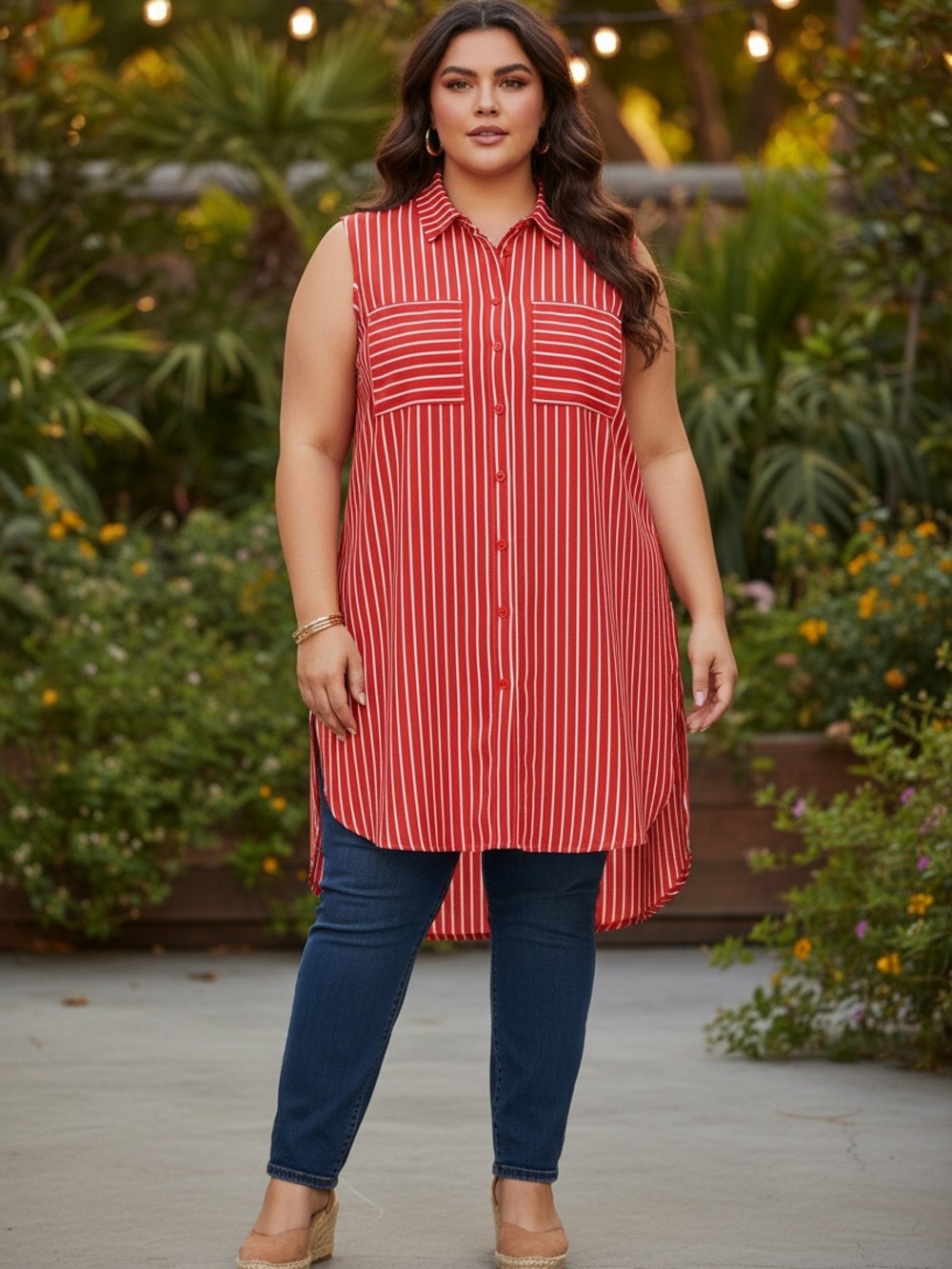 Sleeveless Plus Size 3X Red & White Striped Button-Front Tunic Shirt - Picture 2 of 6